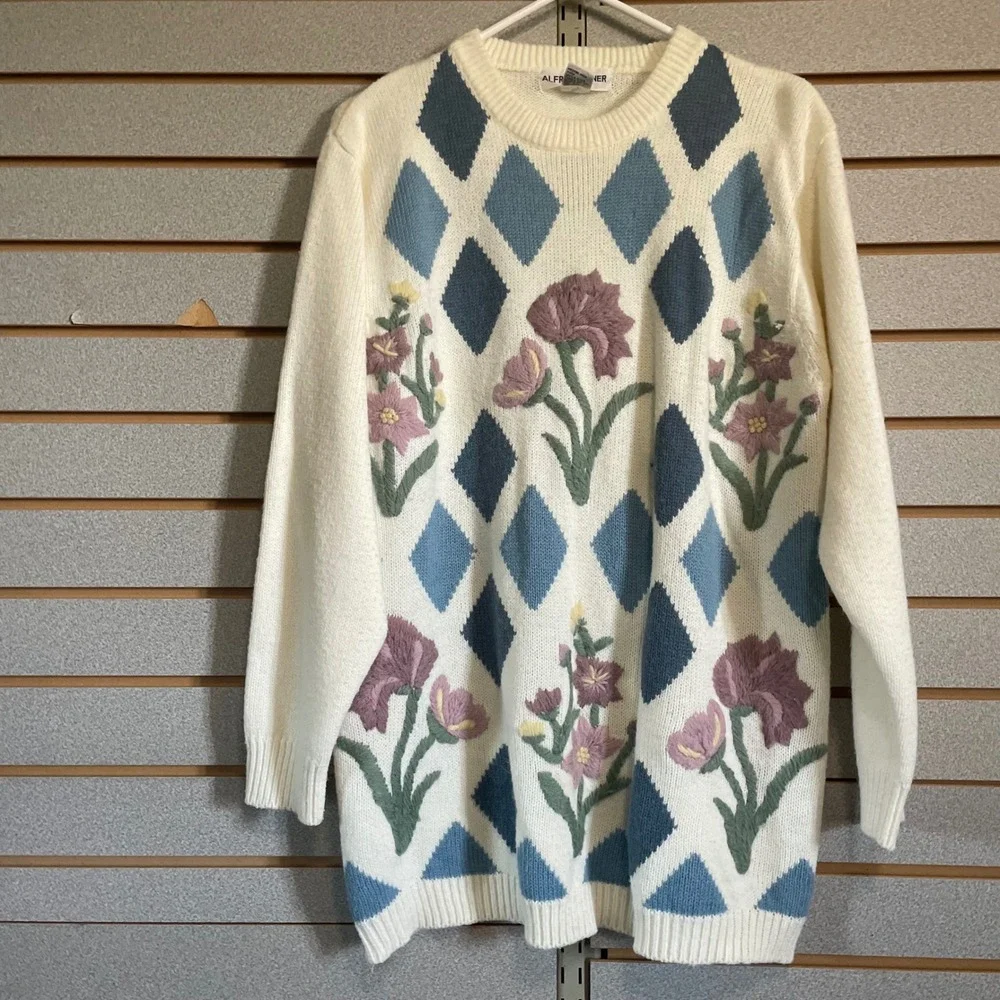 Alfred Dunner Floral Argyle Sweater‎ Womens Medium Knit Pullover Ivory Blue M